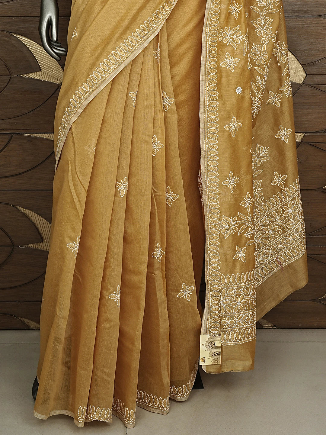 Ada Hand Embroidered Fawn Chanderi Lucknowi Chikankari Saree and Blouse 01A922902