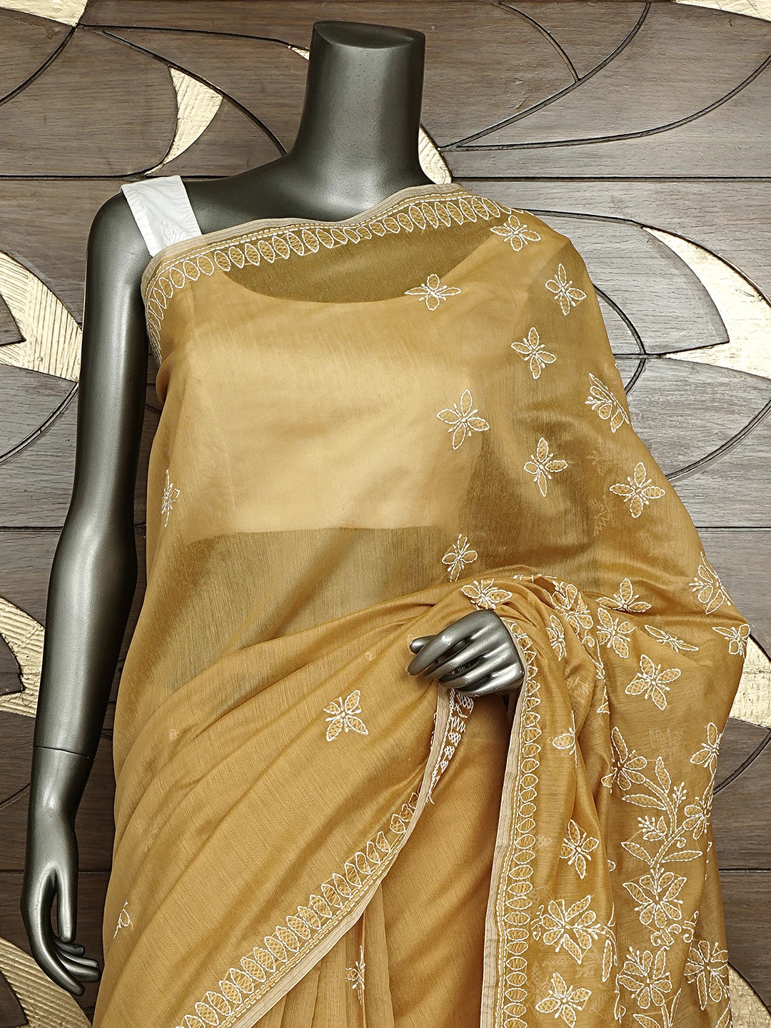 Ada Hand Embroidered Fawn Chanderi Lucknowi Chikankari Saree and Blouse 01A922902
