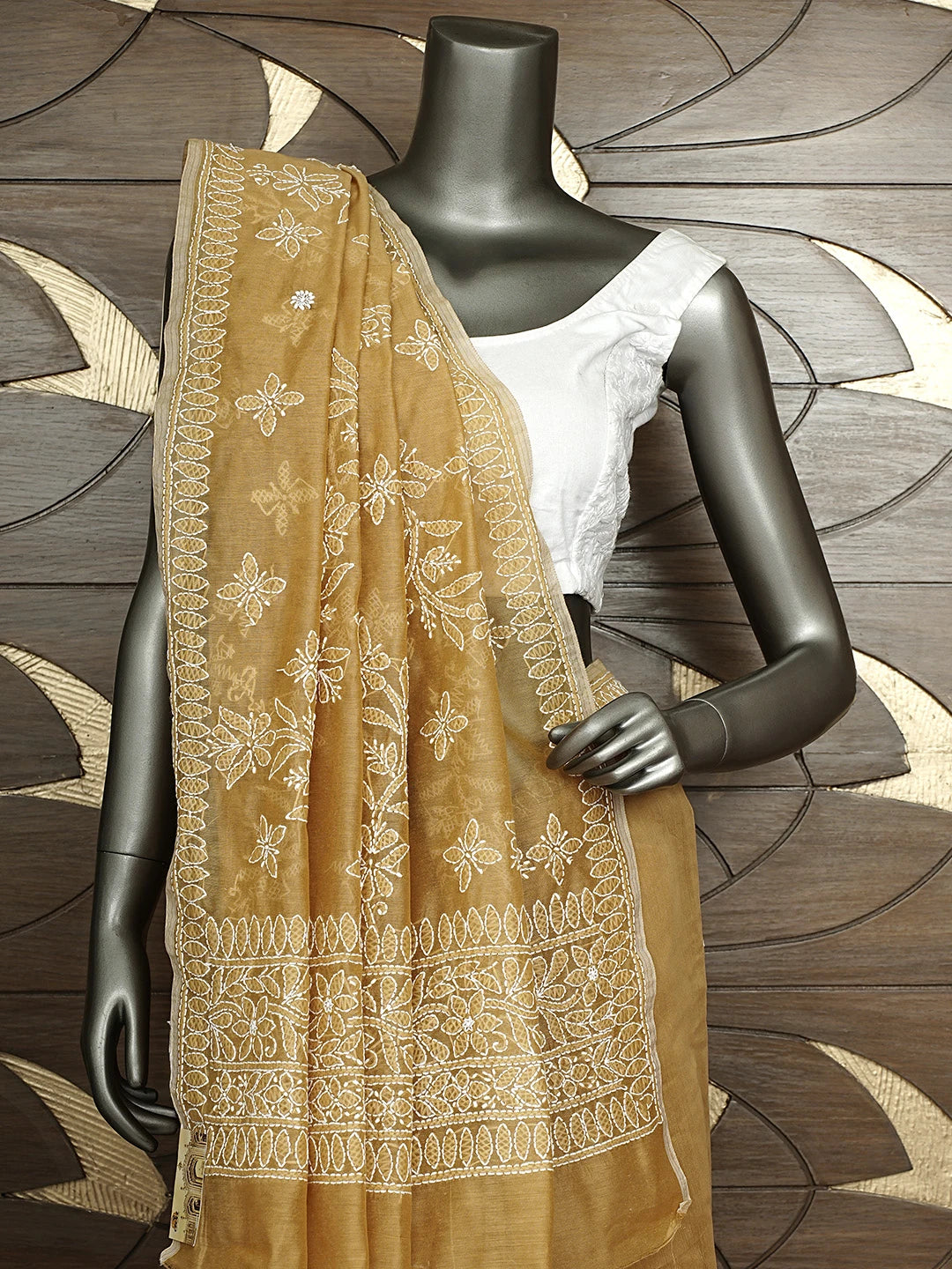 Ada Hand Embroidered Fawn Chanderi Lucknowi Chikankari Saree and Blouse 01A922902
