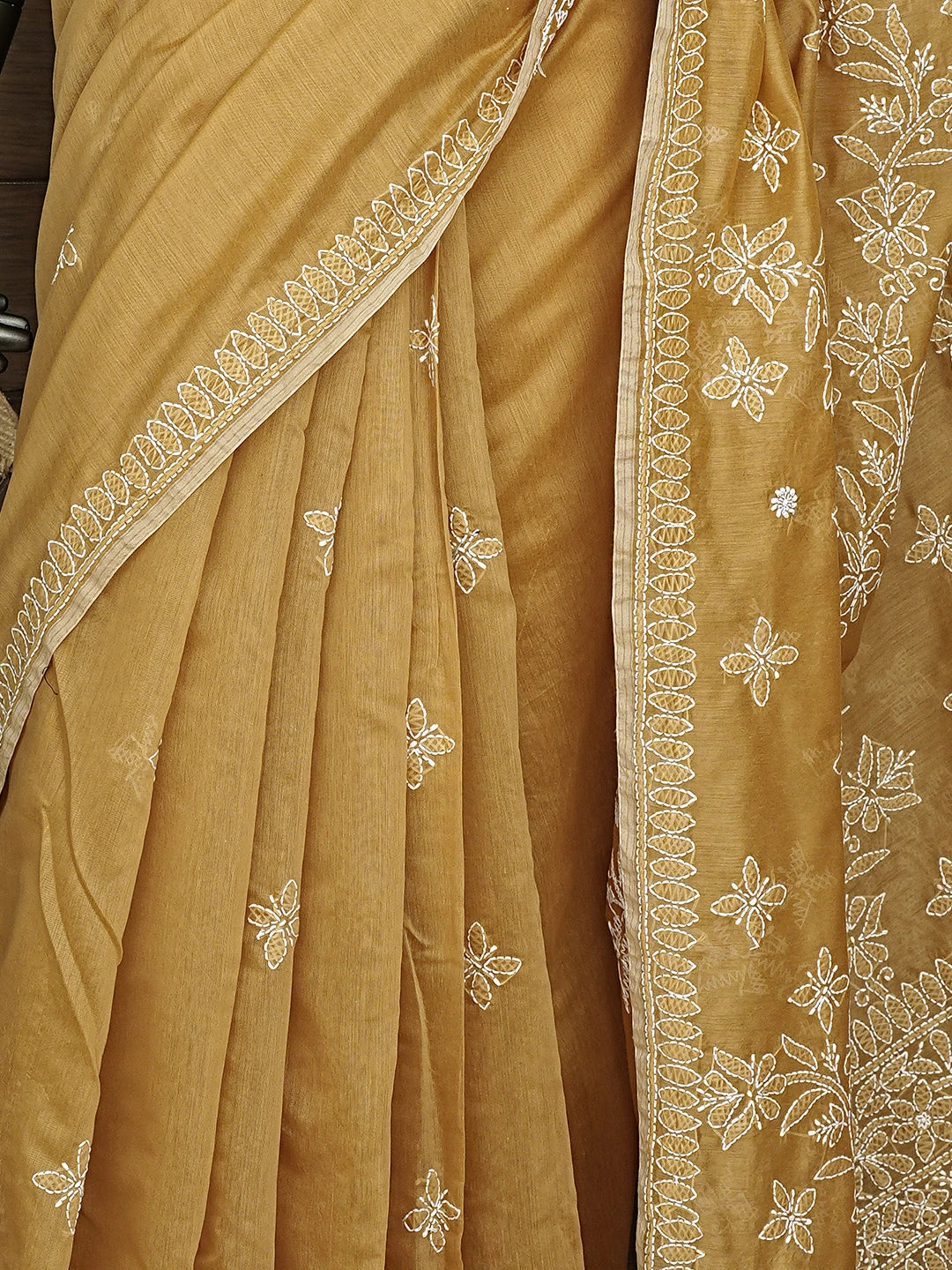 Ada Hand Embroidered Fawn Chanderi Lucknowi Chikankari Saree and Blouse 01A922902