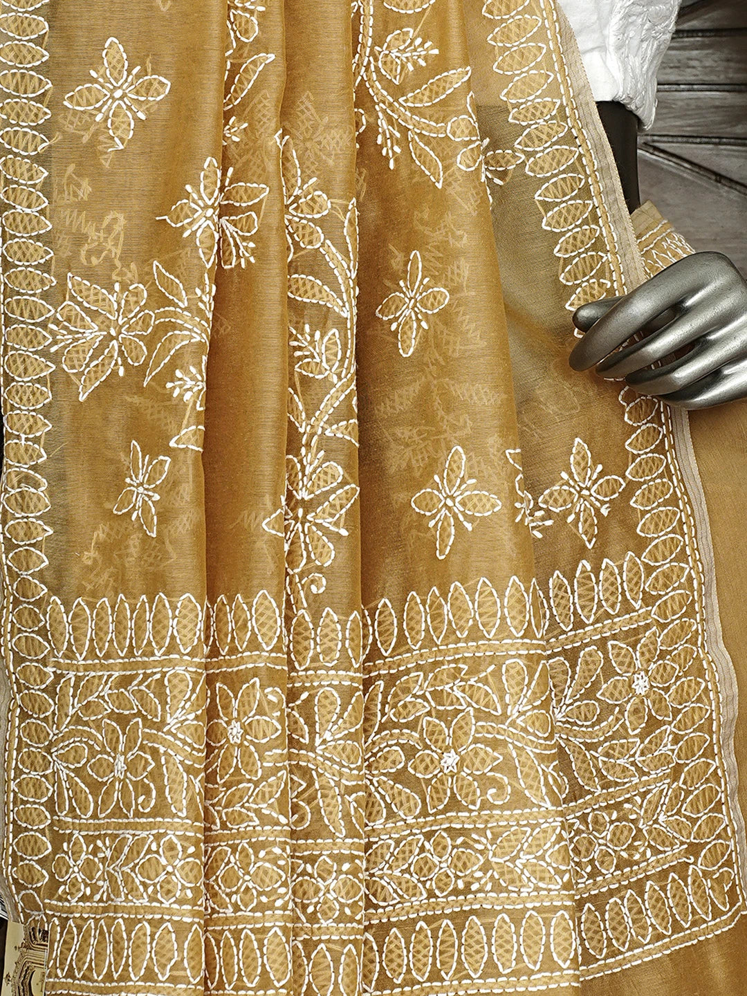 Ada Hand Embroidered Fawn Chanderi Lucknowi Chikankari Saree and Blouse 01A922902