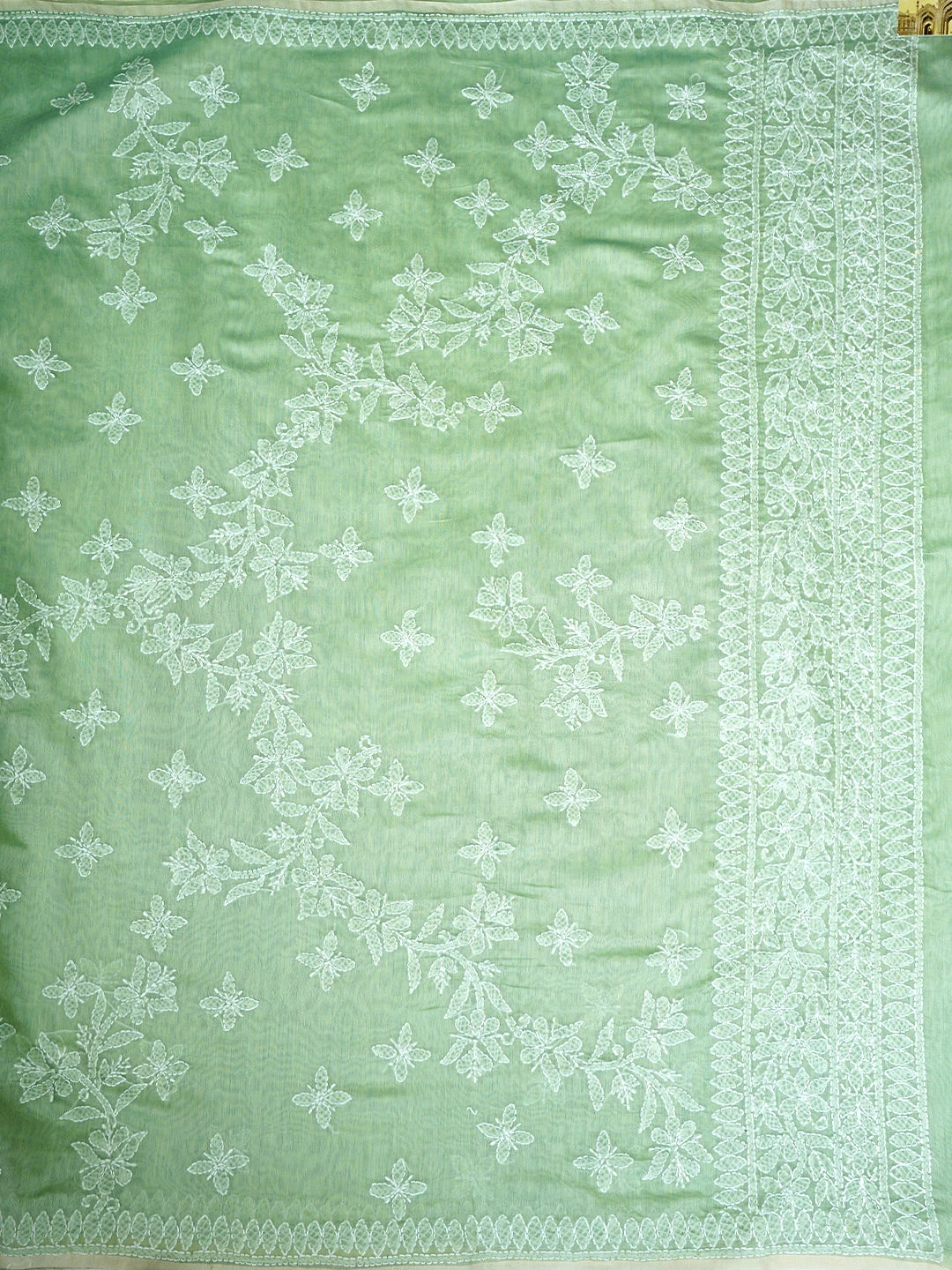 Ada Hand Embroidered Pista Green Chanderi Lucknowi Chikankari Saree With Blouse 01A913415