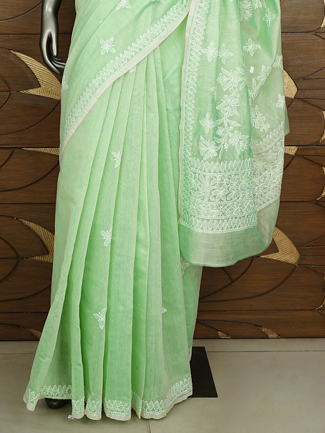 Ada Hand Embroidered Pista Green Chanderi Lucknowi Chikankari Saree With Blouse 01A913415