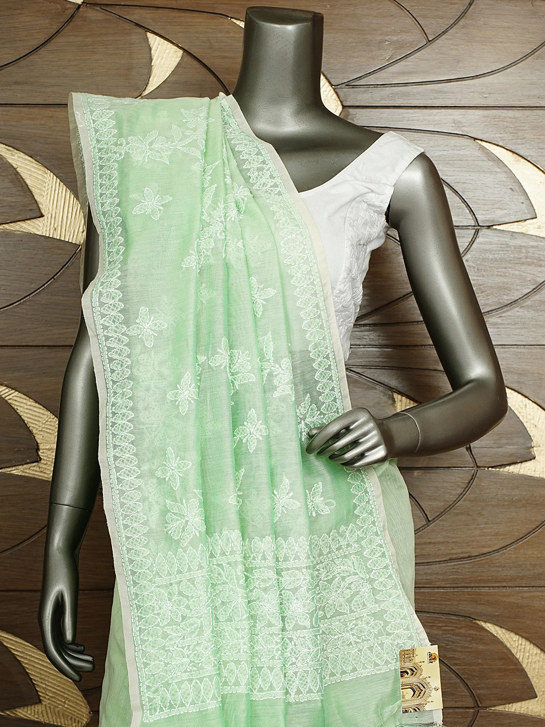 Ada Hand Embroidered Pista Green Chanderi Lucknowi Chikankari Saree With Blouse 01A913415