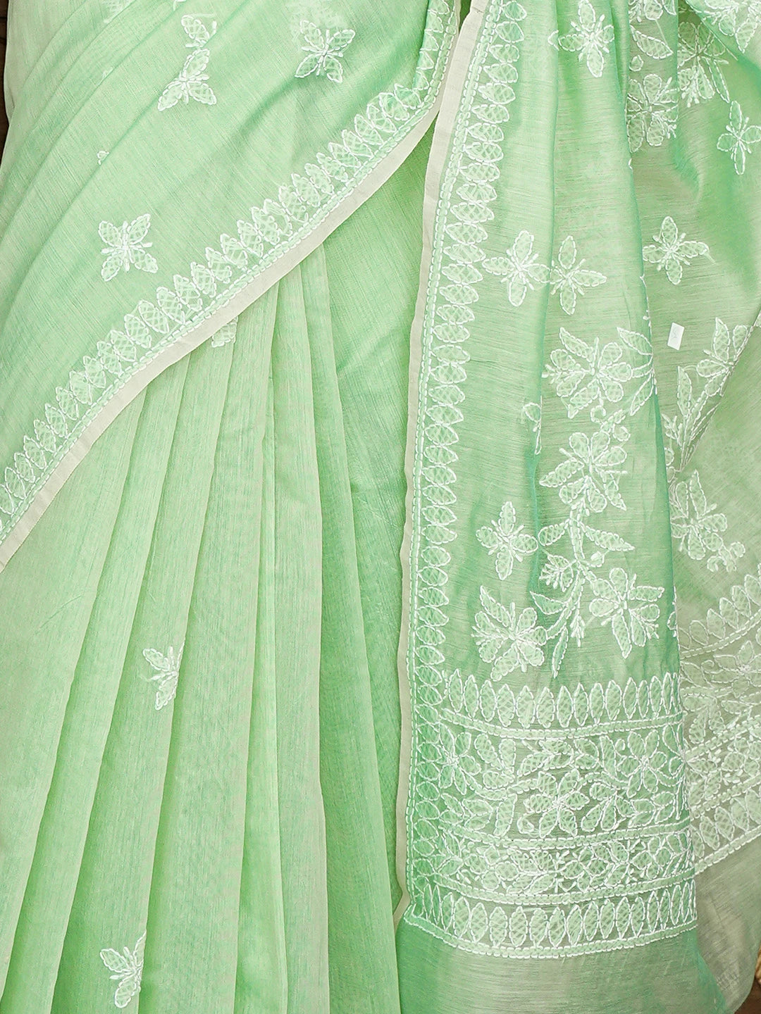 Ada Hand Embroidered Pista Green Chanderi Lucknowi Chikankari Saree With Blouse 01A913415
