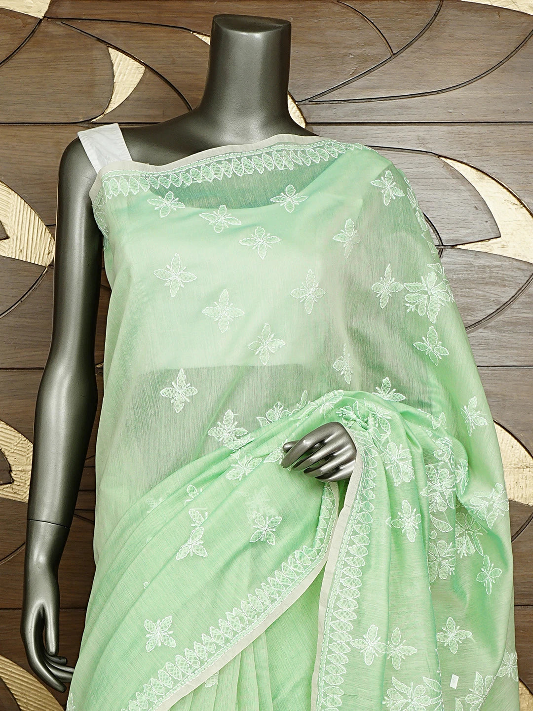 Ada Hand Embroidered Pista Green Chanderi Lucknowi Chikankari Saree With Blouse 01A913415