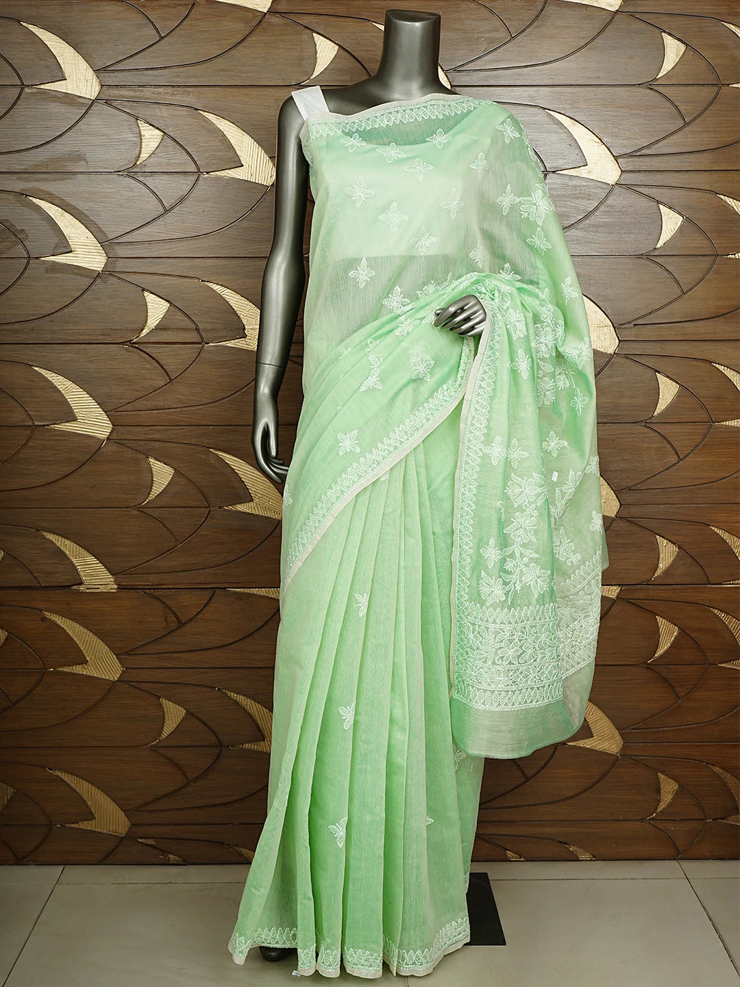 Ada Hand Embroidered Pista Green Chanderi Lucknowi Chikankari Saree With Blouse 01A913415