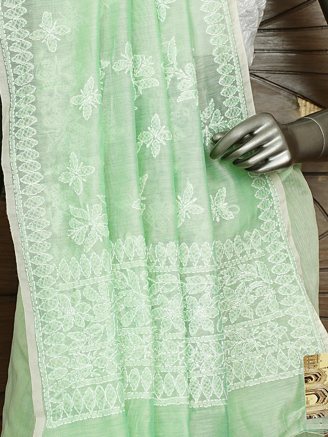 Ada Hand Embroidered Pista Green Chanderi Lucknowi Chikankari Saree With Blouse 01A913415