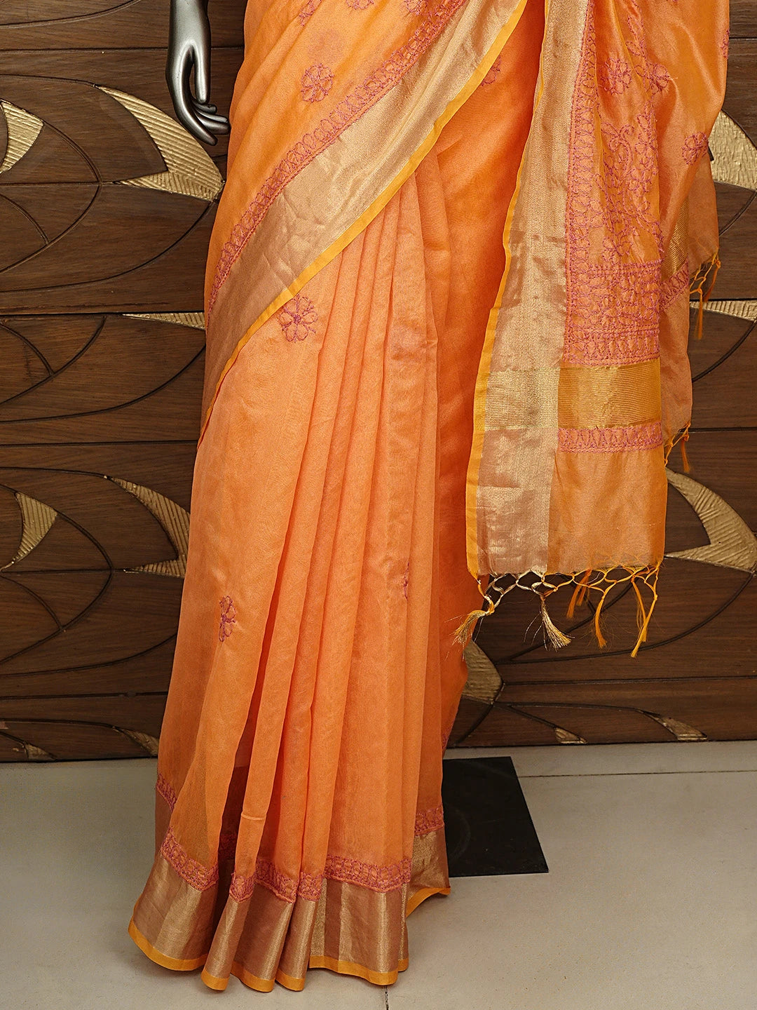 Ada Hand Embroidered Orange Chanderi Lucknowi Chikankari Saree and Blouse 01A855247