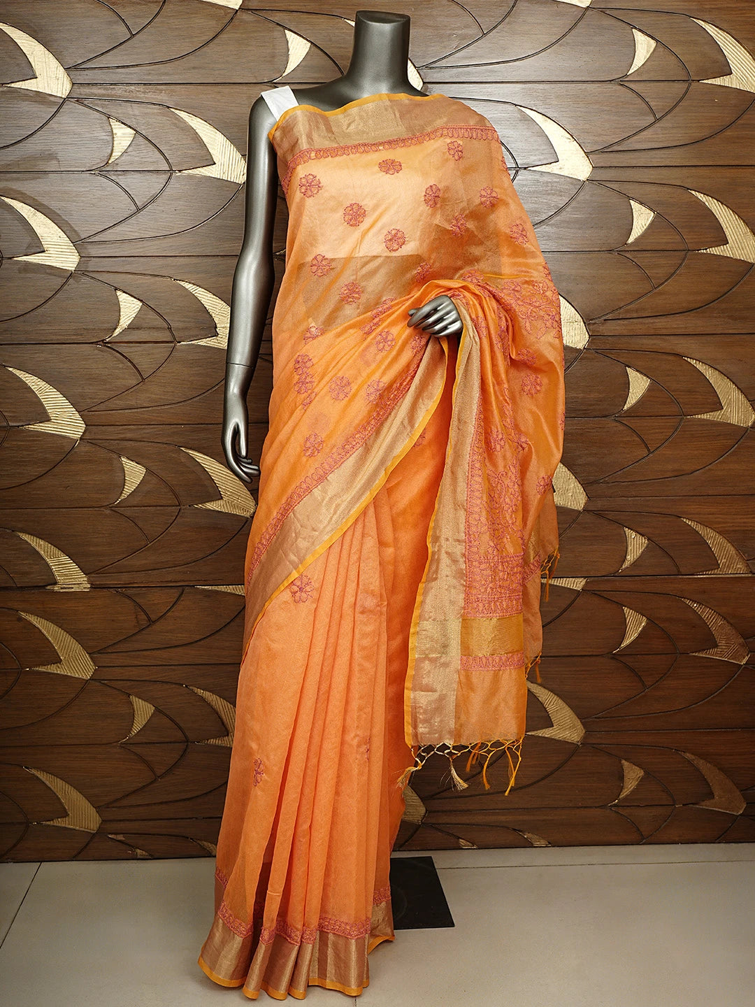 Ada Hand Embroidered Orange Chanderi Lucknowi Chikankari Saree and Blouse 01A855247