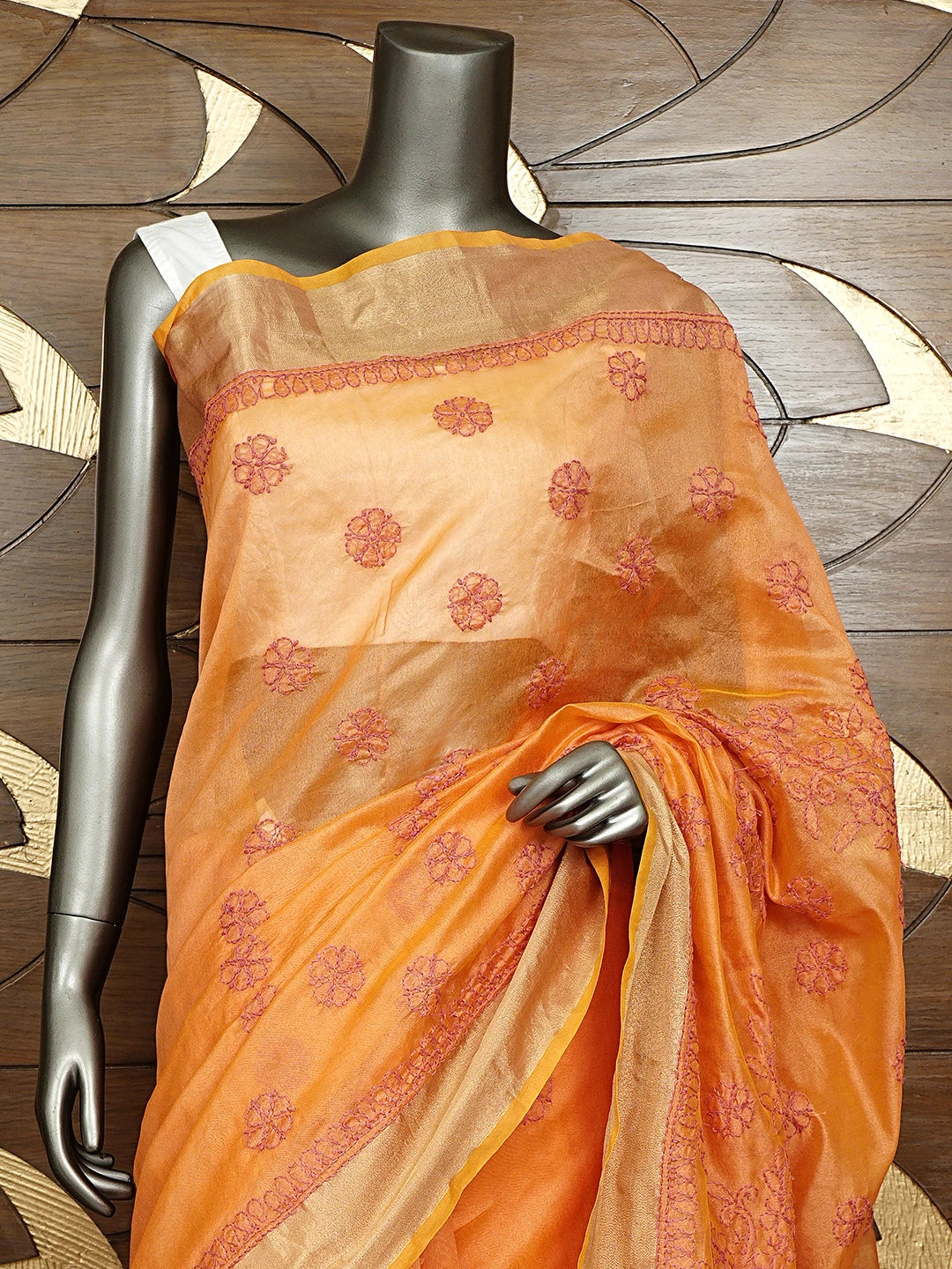 Ada Hand Embroidered Orange Chanderi Lucknowi Chikankari Saree and Blouse 01A855247