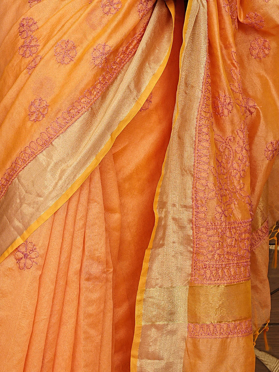 Ada Hand Embroidered Orange Chanderi Lucknowi Chikankari Saree and Blouse 01A855247