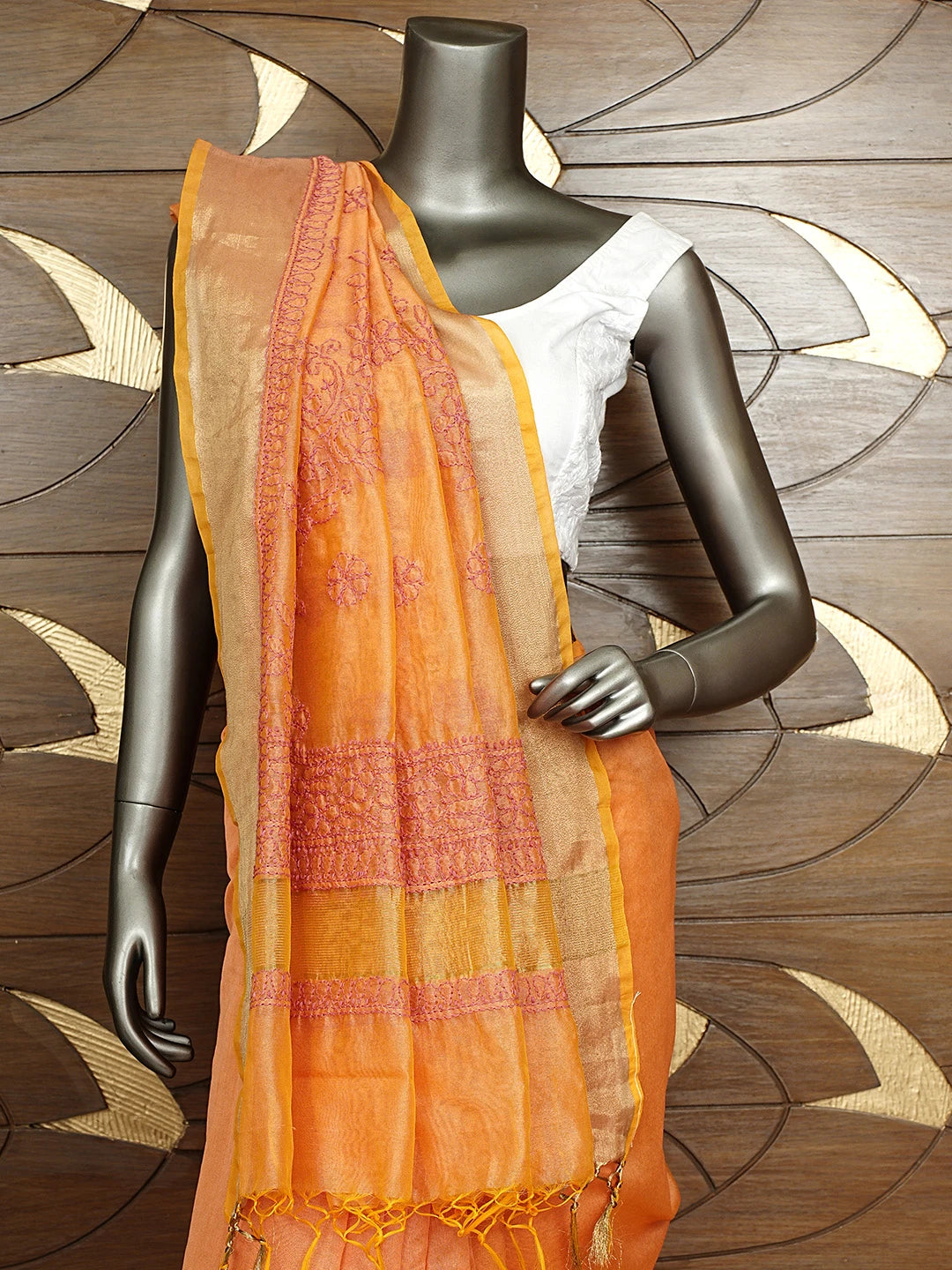 Ada Hand Embroidered Orange Chanderi Lucknowi Chikankari Saree and Blouse 01A855247