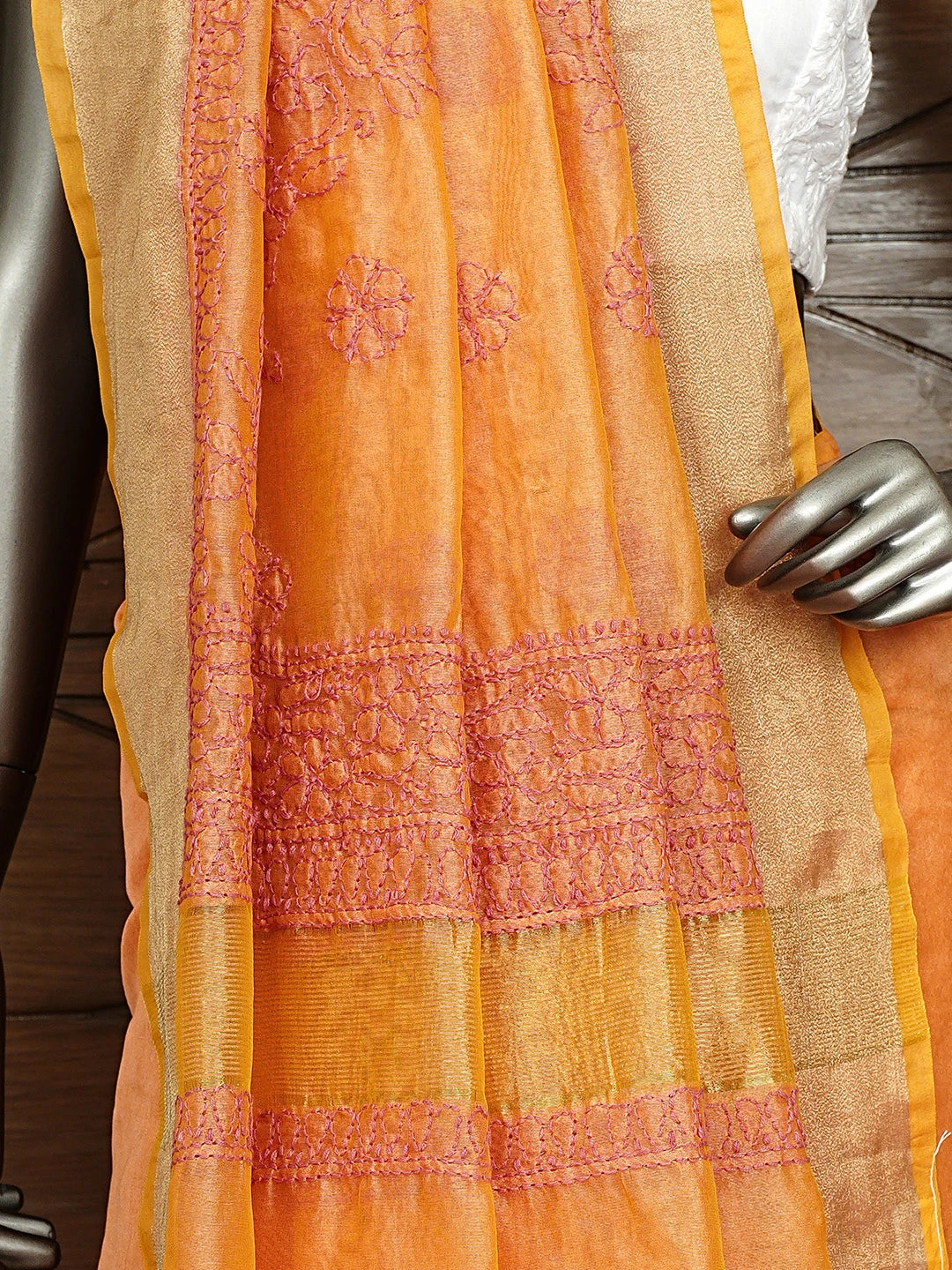 Ada Hand Embroidered Orange Chanderi Lucknowi Chikankari Saree and Blouse 01A855247