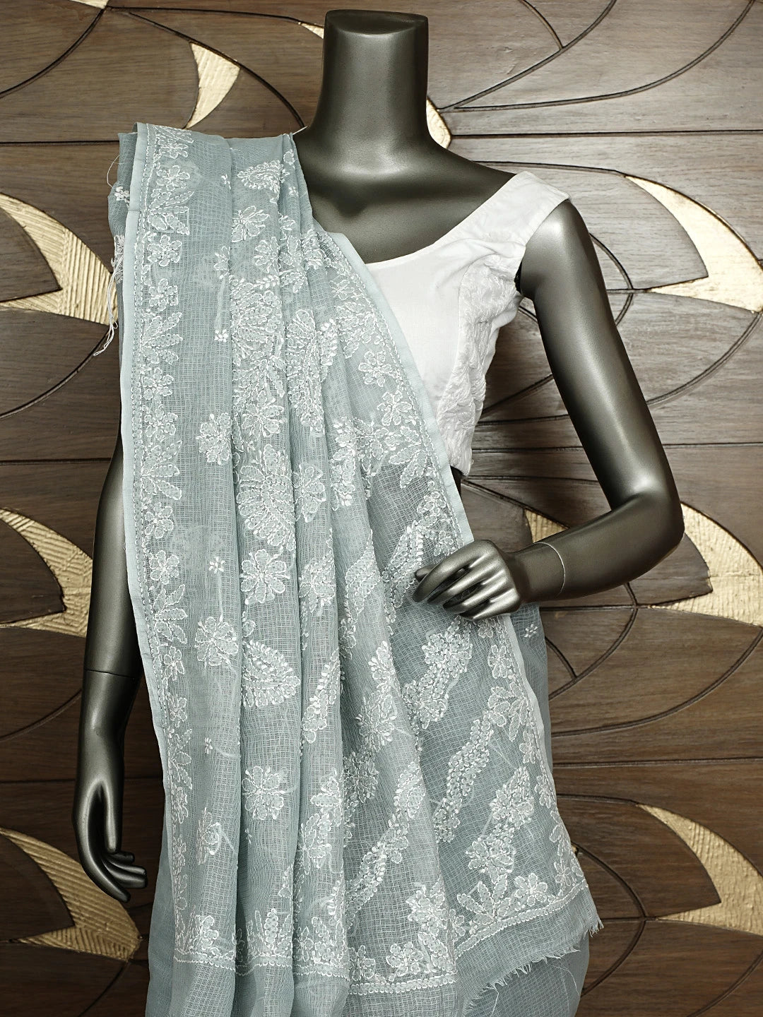 Ada Hand Embroidered Grey Kota Lucknowi Chikankari Saree and Blouse 01A922130