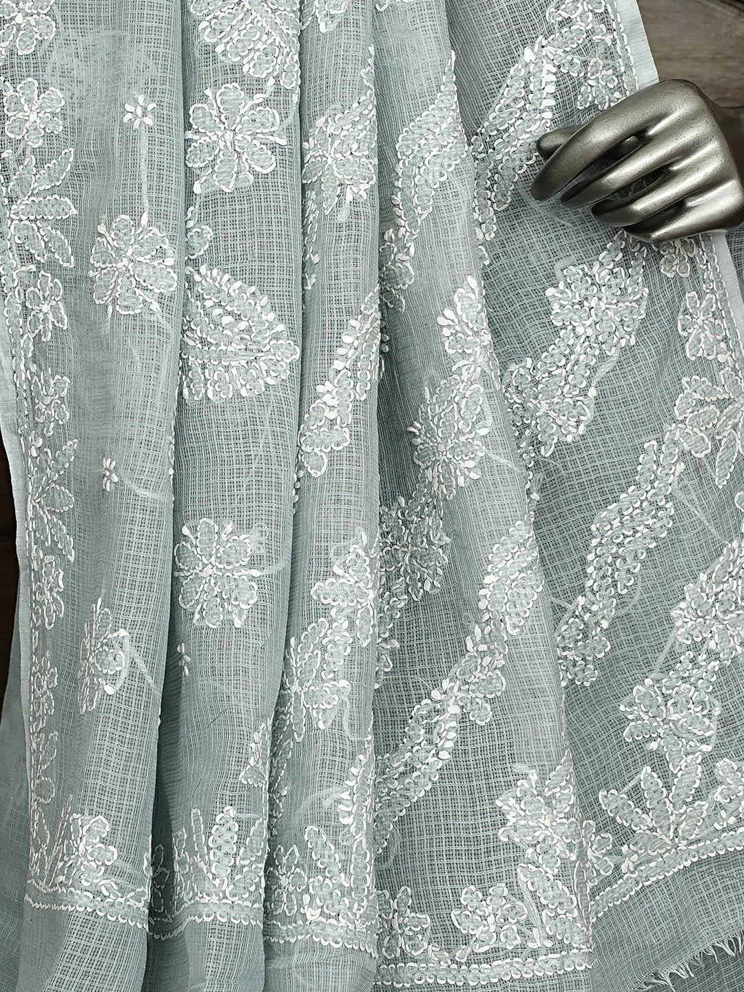 Ada Hand Embroidered Grey Kota Lucknowi Chikankari Saree and Blouse 01A922130