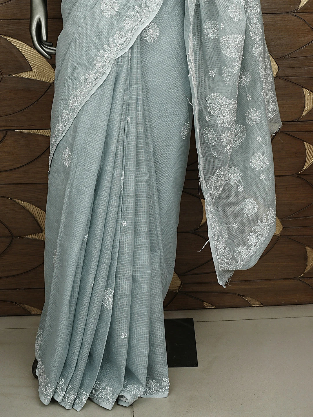 Ada Hand Embroidered Grey Kota Lucknowi Chikankari Saree and Blouse 01A922130