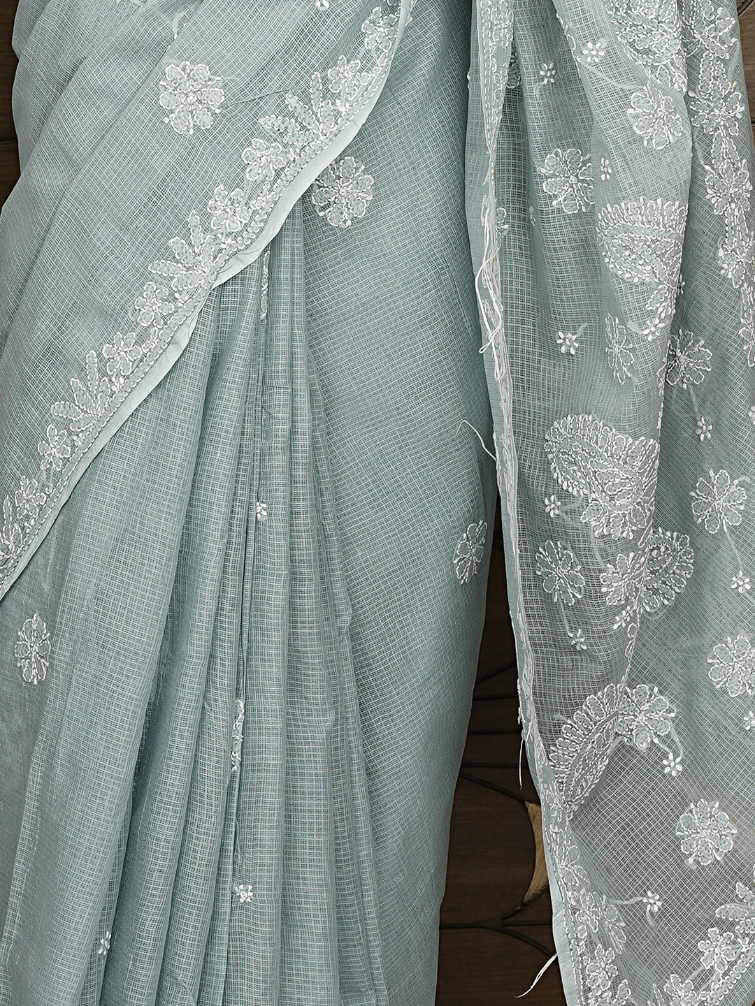 Ada Hand Embroidered Grey Kota Lucknowi Chikankari Saree and Blouse 01A922130