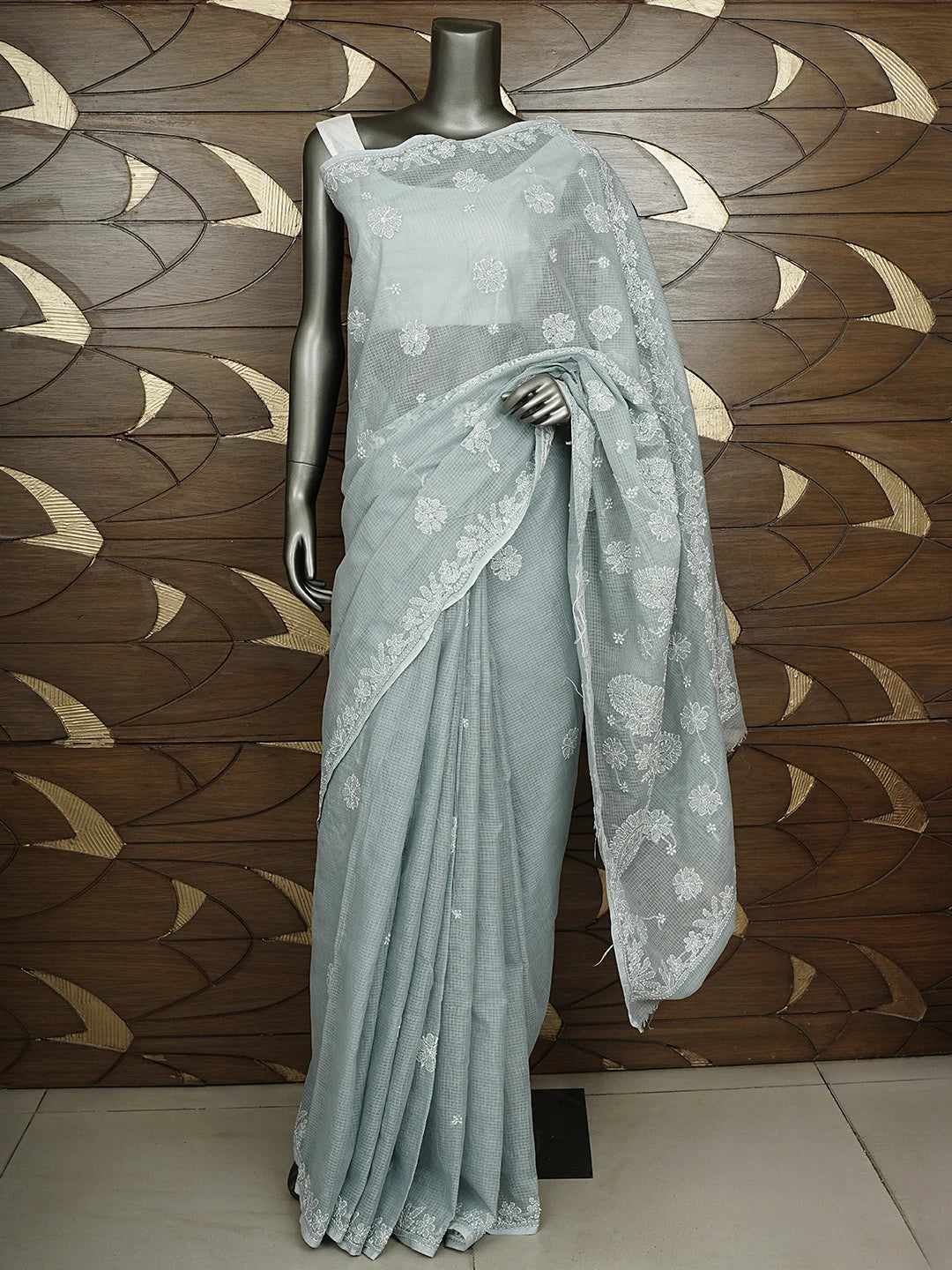 Ada Hand Embroidered Grey Kota Lucknowi Chikankari Saree and Blouse 01A922130