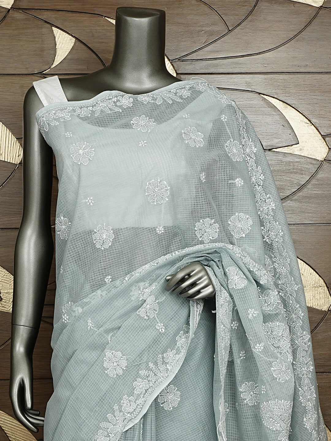 Ada Hand Embroidered Grey Kota Lucknowi Chikankari Saree and Blouse 01A922130