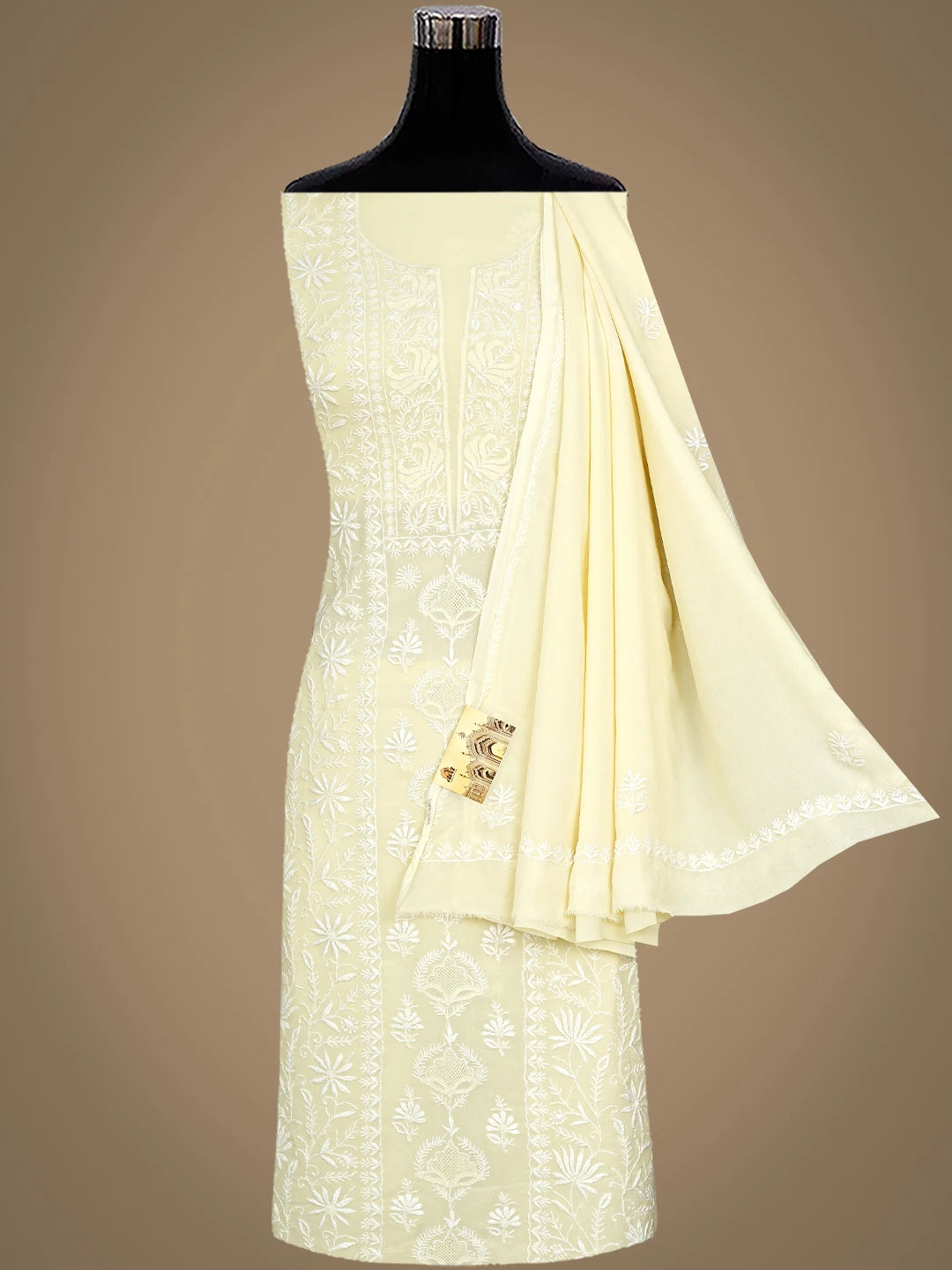 Ada Hand Embroidered Lemon Viscose Georgette Lucknowi Chikankari Unstitched Kurta Dupatta Set 01A630117