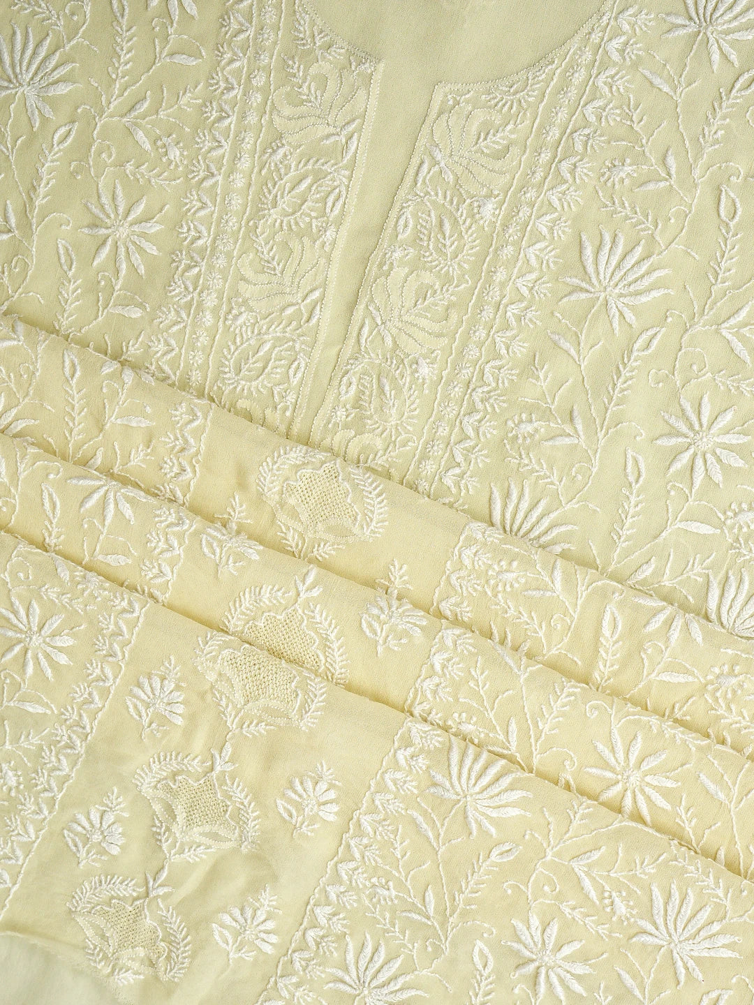 Ada Hand Embroidered Lemon Viscose Georgette Lucknowi Chikankari Unstitched Kurta Dupatta Set 01A630117