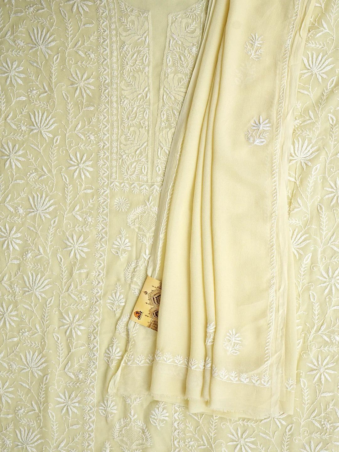 Ada Hand Embroidered Lemon Viscose Georgette Lucknowi Chikankari Unstitched Kurta Dupatta Set 01A630117