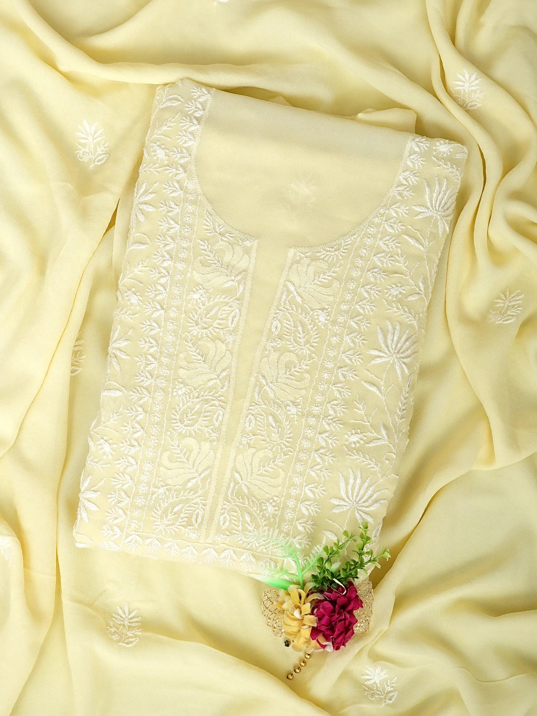 Ada Hand Embroidered Lemon Viscose Georgette Lucknowi Chikankari Unstitched Kurta Dupatta Set 01A630117