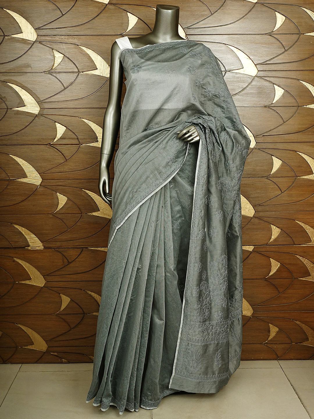 Ada Hand Embroidered Grey Chanderi Lucknowi Chikankari Saree and Blouse 01A922908