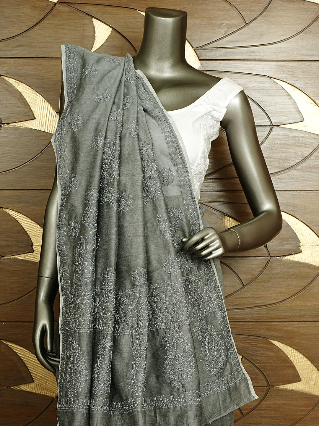 Ada Hand Embroidered Grey Chanderi Lucknowi Chikankari Saree and Blouse 01A922908