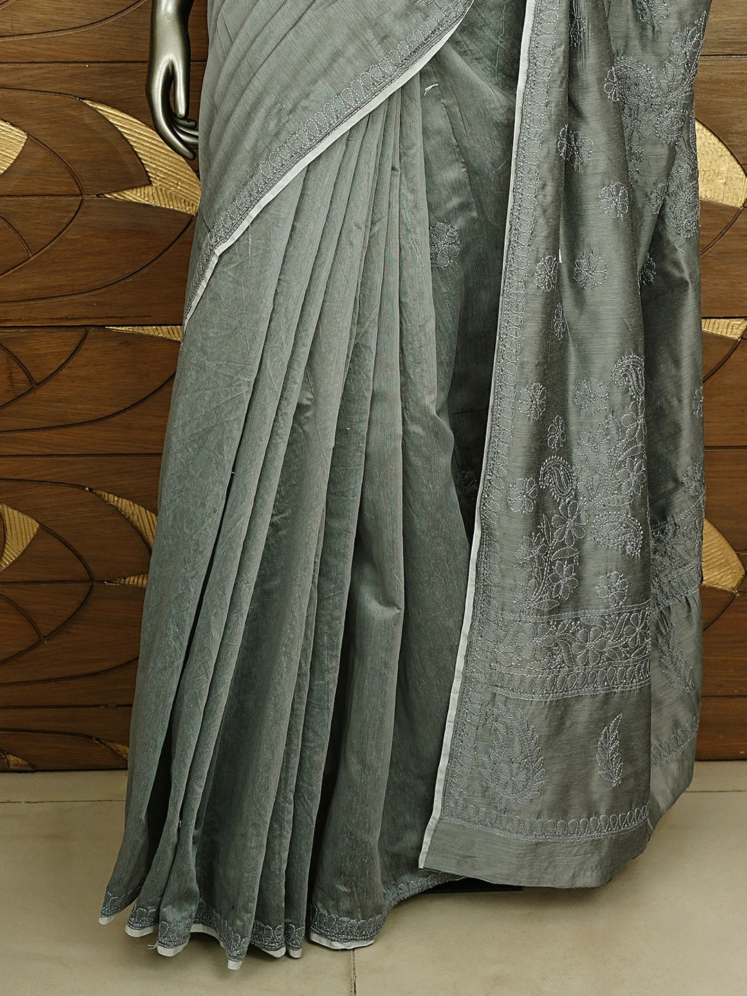 Ada Hand Embroidered Grey Chanderi Lucknowi Chikankari Saree and Blouse 01A922908