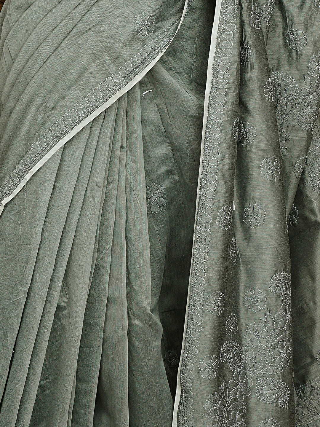 Ada Hand Embroidered Grey Chanderi Lucknowi Chikankari Saree and Blouse 01A922908