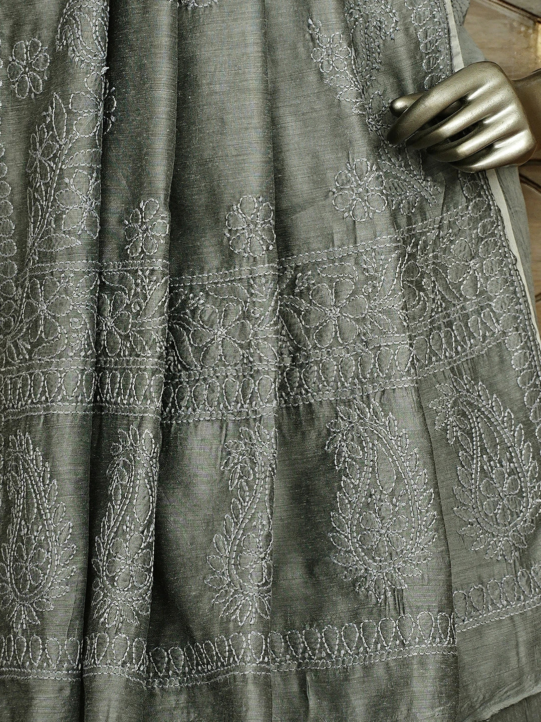 Ada Hand Embroidered Grey Chanderi Lucknowi Chikankari Saree and Blouse 01A922908