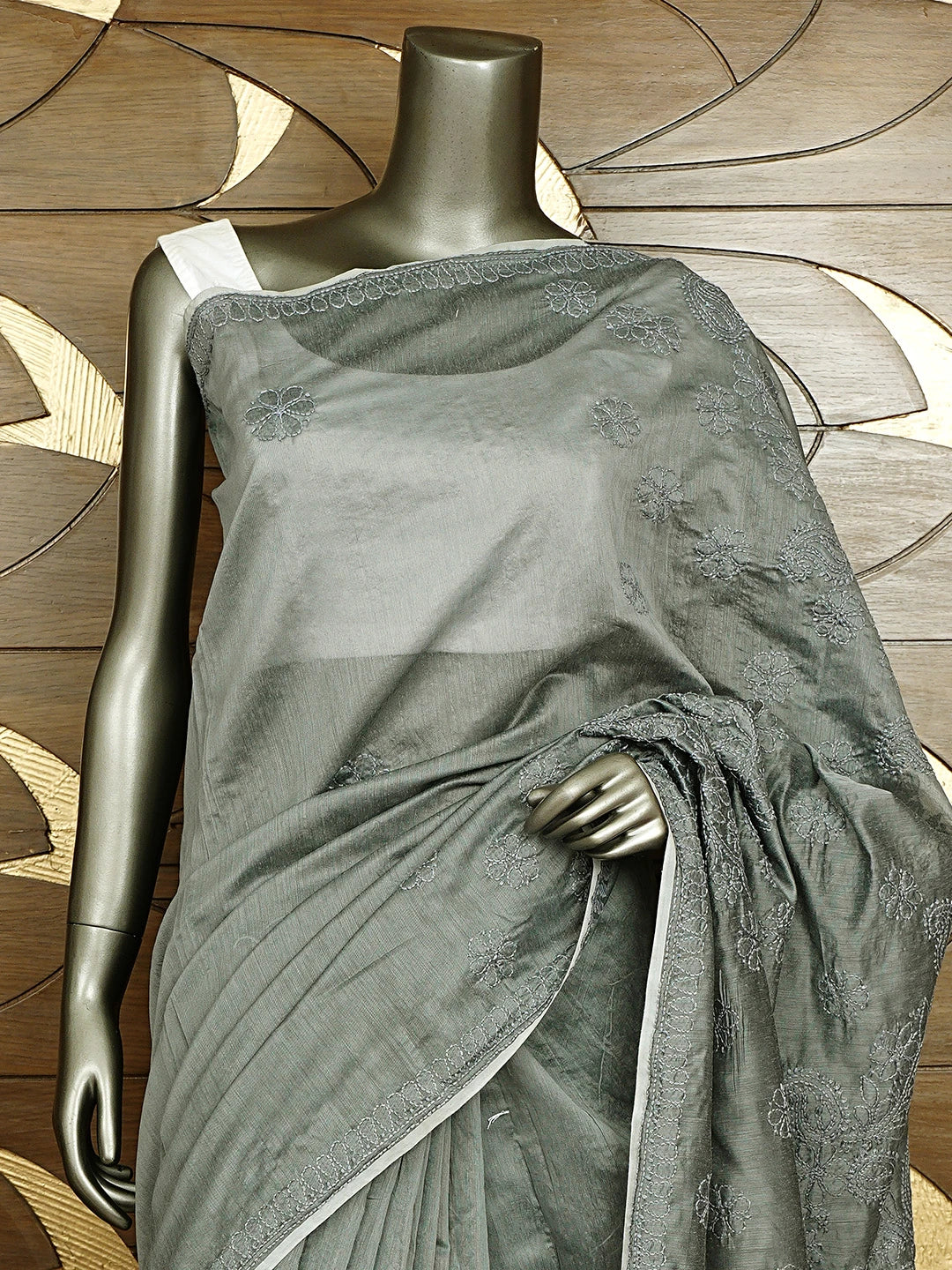 Ada Hand Embroidered Grey Chanderi Lucknowi Chikankari Saree and Blouse 01A922908