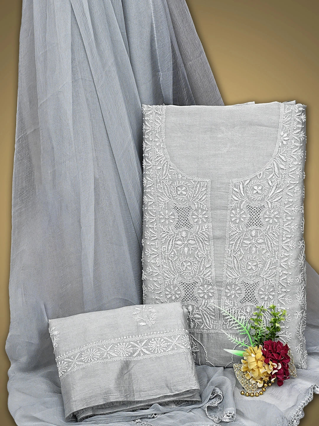 Ada Hand Embroidered Grey Chanderi Lucknowi Chikankari Unstitched Suit Piece 01A805707
