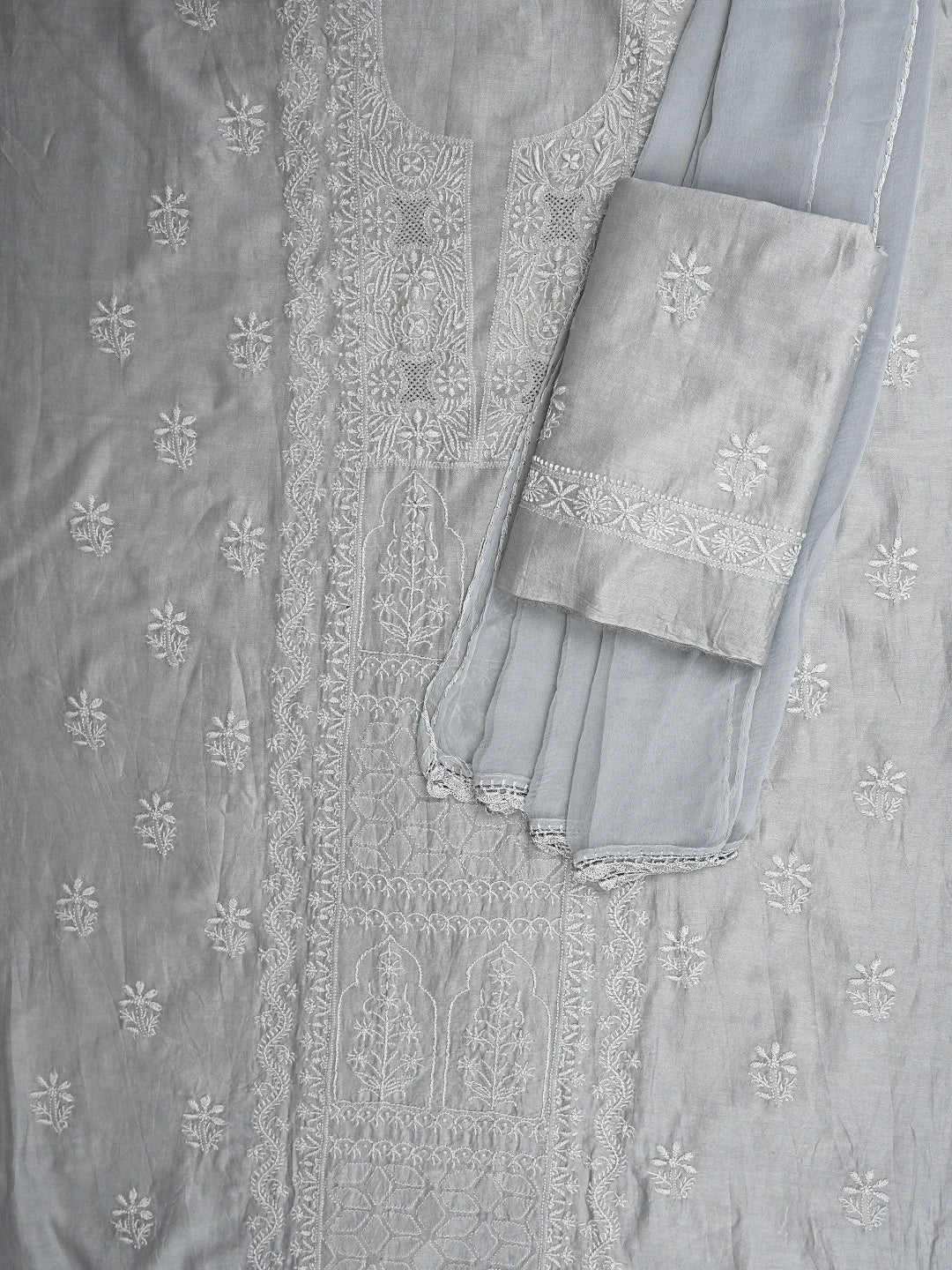 Ada Hand Embroidered Grey Chanderi Lucknowi Chikankari Unstitched Suit Piece 01A805707
