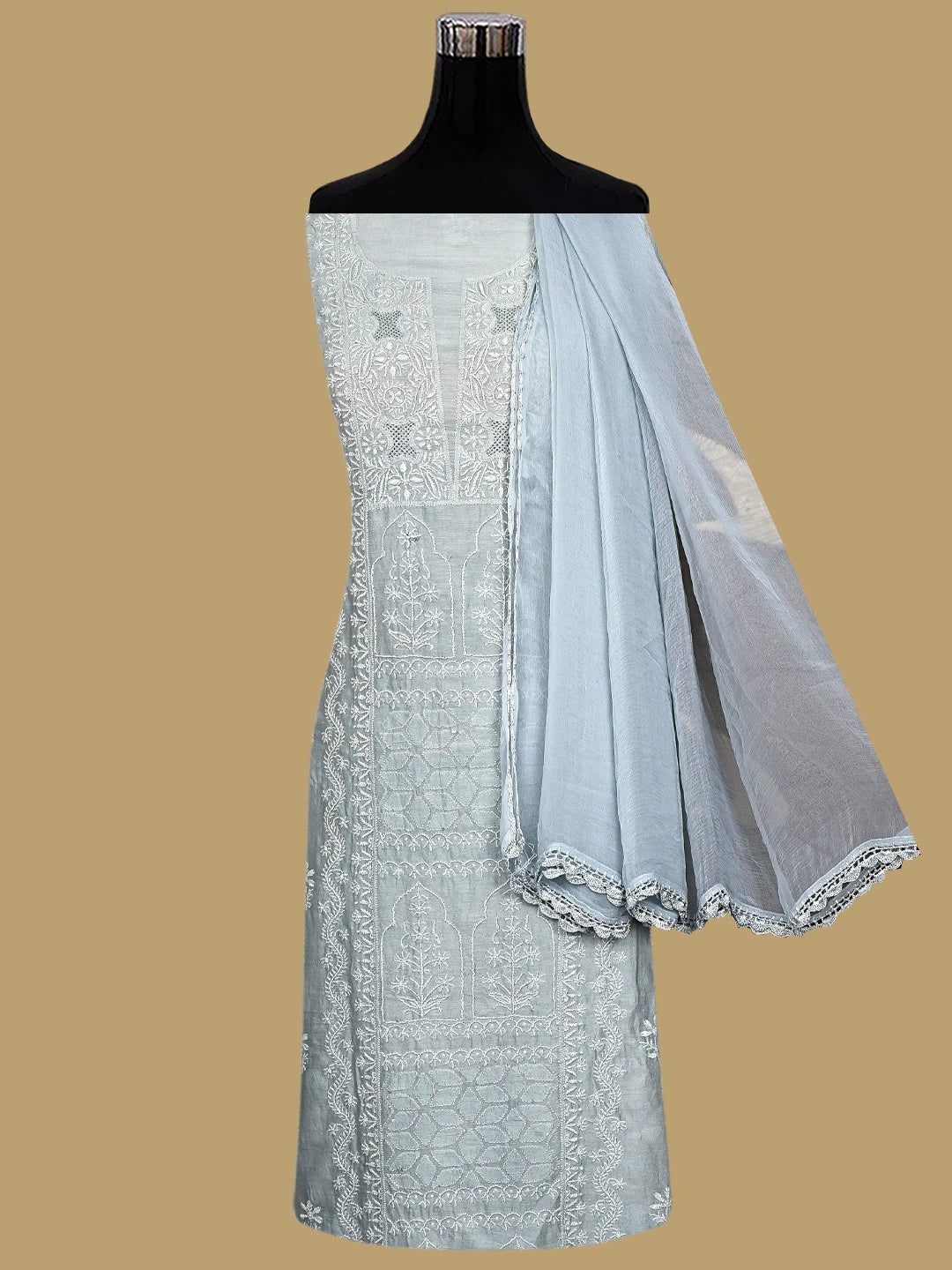 Ada Hand Embroidered Grey Chanderi Lucknowi Chikankari Unstitched Suit Piece 01A805707