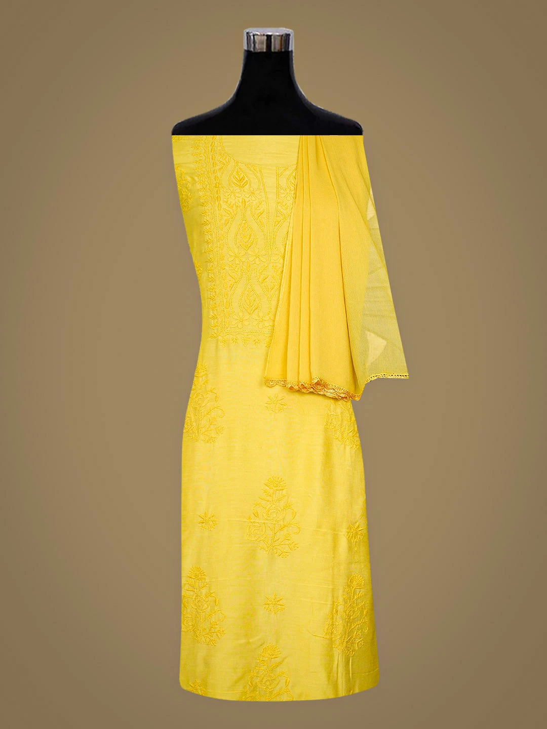 Ada Hand Embroidered Yellow Maslin Lucknowi Chikankari Unstitched Suit Piece with Chiffon Dupatta 01A795813