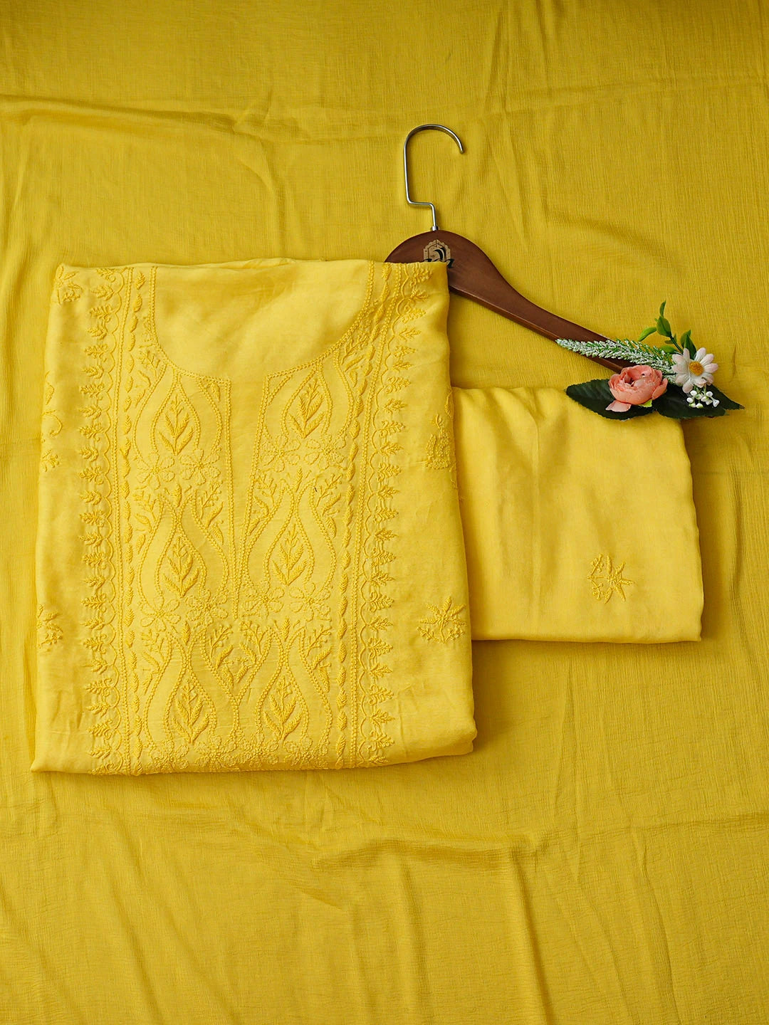 Ada Hand Embroidered Yellow Maslin Lucknowi Chikankari Unstitched Suit Piece with Chiffon Dupatta 01A795813