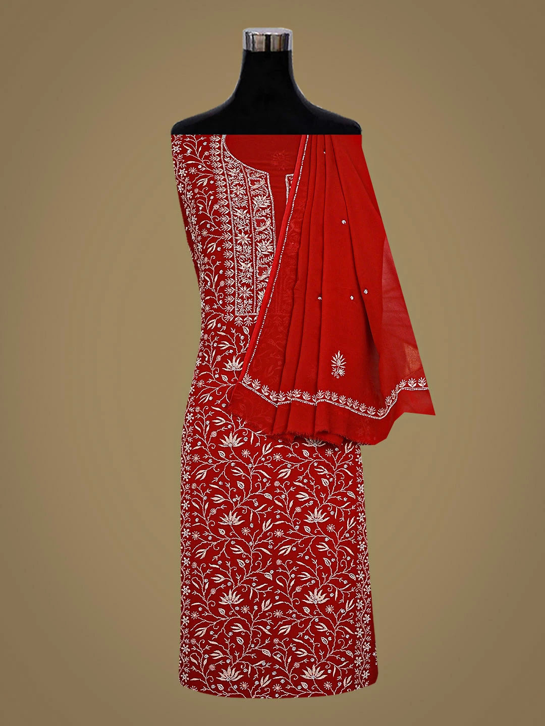 Ada Hand Embroidered Red Viscose Georgette Lucknowi Chikankari Unstitched Kurta Dupatta Set With Pearl Work 01A535029