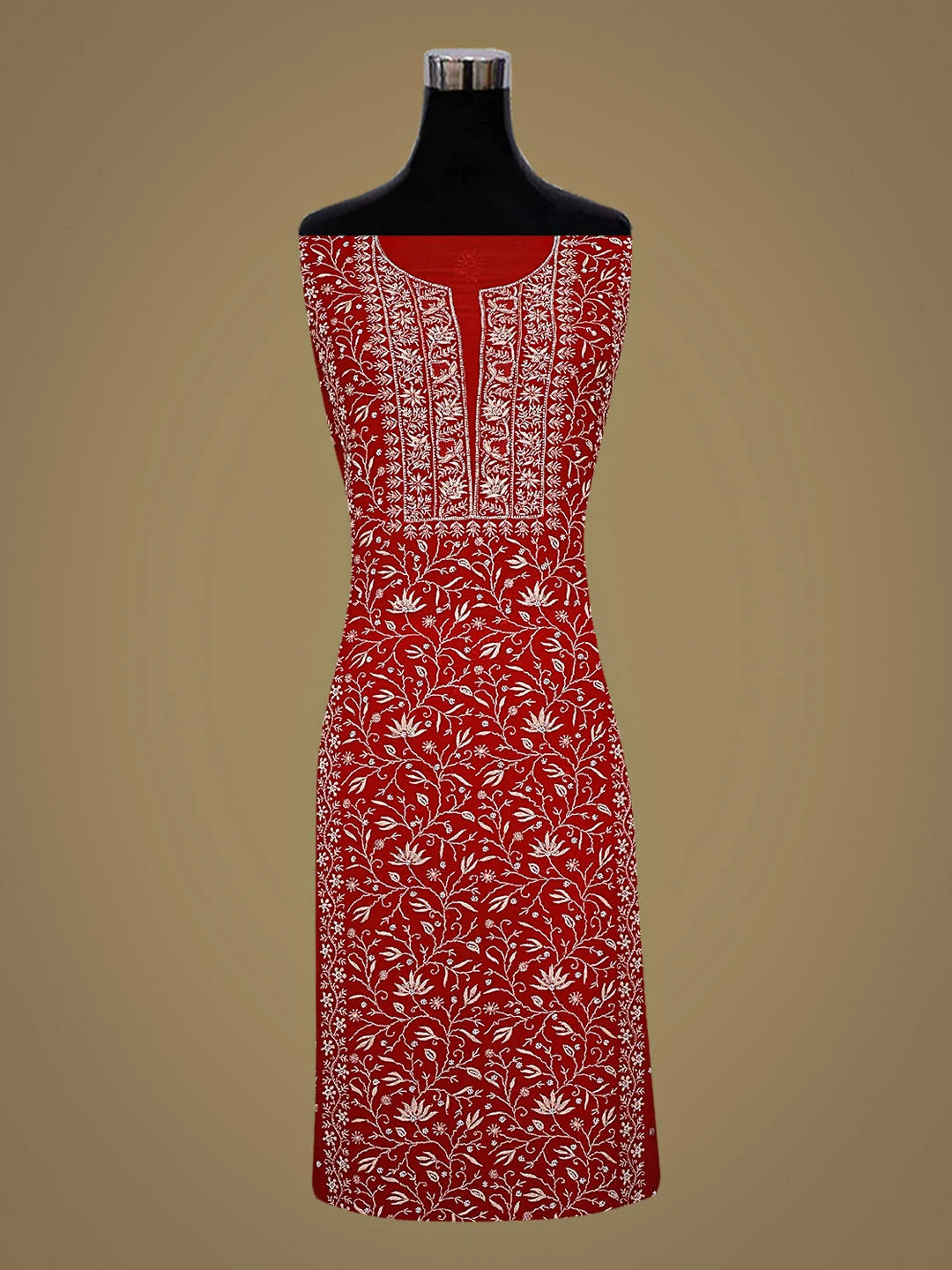 Ada Hand Embroidered Red Viscose Georgette Lucknowi Chikankari Unstitched Kurta Dupatta Set With Pearl Work 01A535029