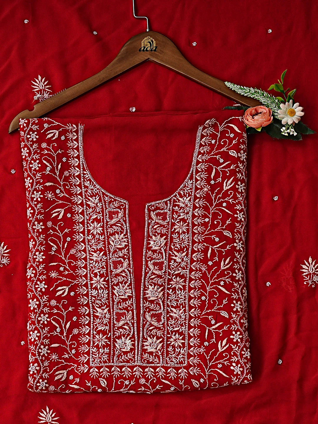 Ada Hand Embroidered Red Viscose Georgette Lucknowi Chikankari Unstitched Kurta Dupatta Set With Pearl Work 01A535029