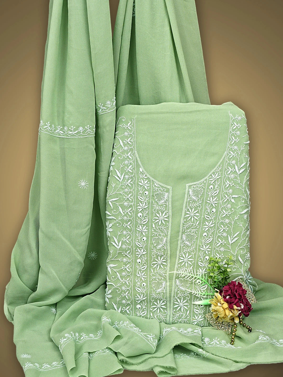 Ada Hand Embroidered Pista Green Viscose Georgette Lucknowi Chikankari Unstitched Kurta Dupatta Set 01A873605