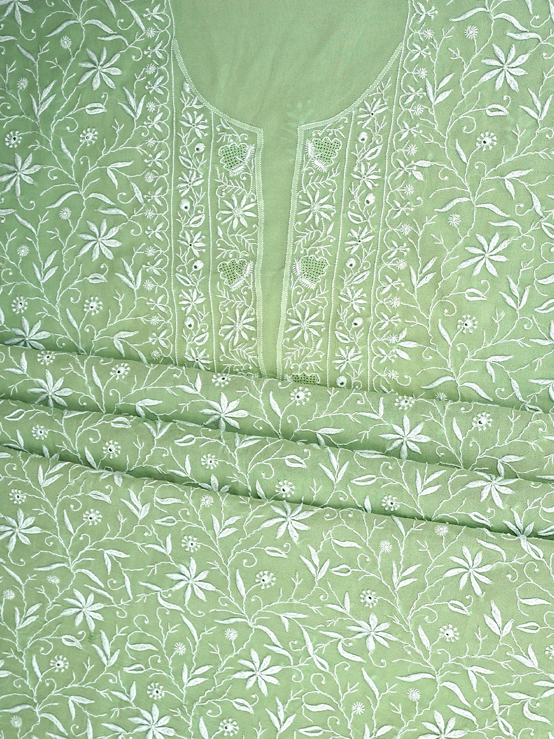 Ada Hand Embroidered Pista Green Viscose Georgette Lucknowi Chikankari Unstitched Kurta Dupatta Set 01A873605