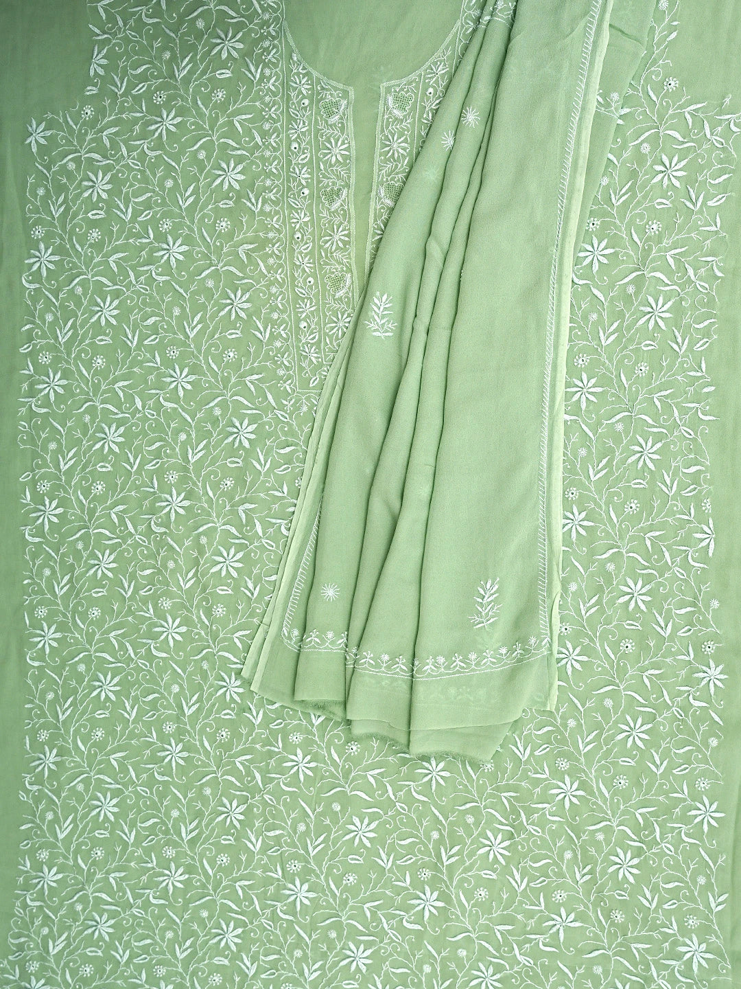 Ada Hand Embroidered Pista Green Viscose Georgette Lucknowi Chikankari Unstitched Kurta Dupatta Set 01A873605