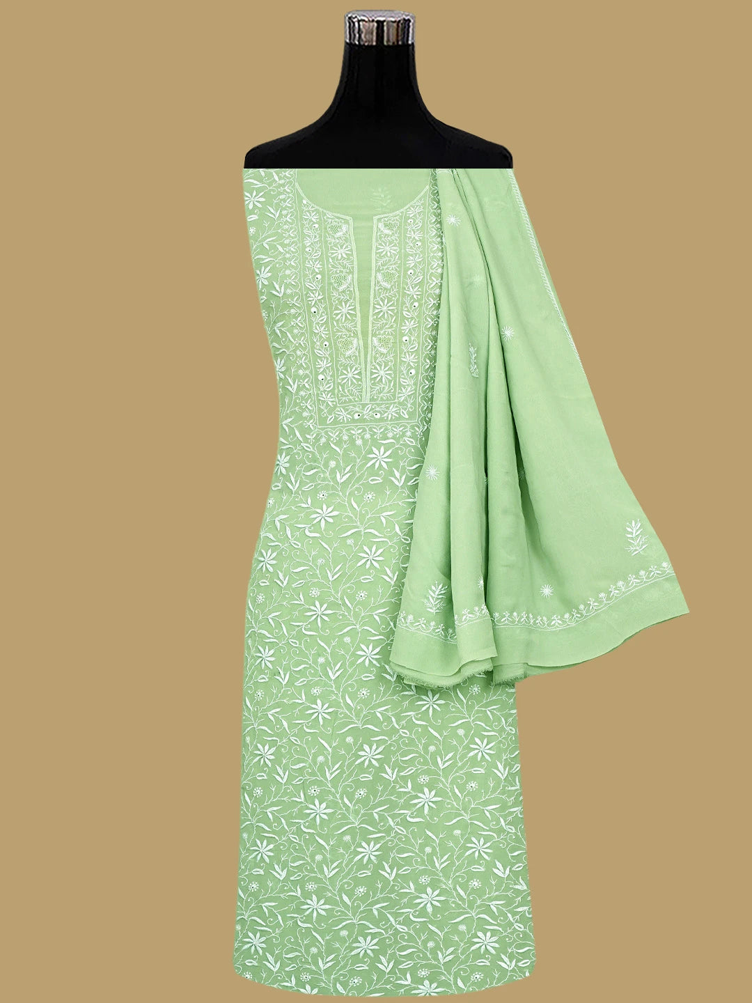 Ada Hand Embroidered Pista Green Viscose Georgette Lucknowi Chikankari Unstitched Kurta Dupatta Set 01A873605