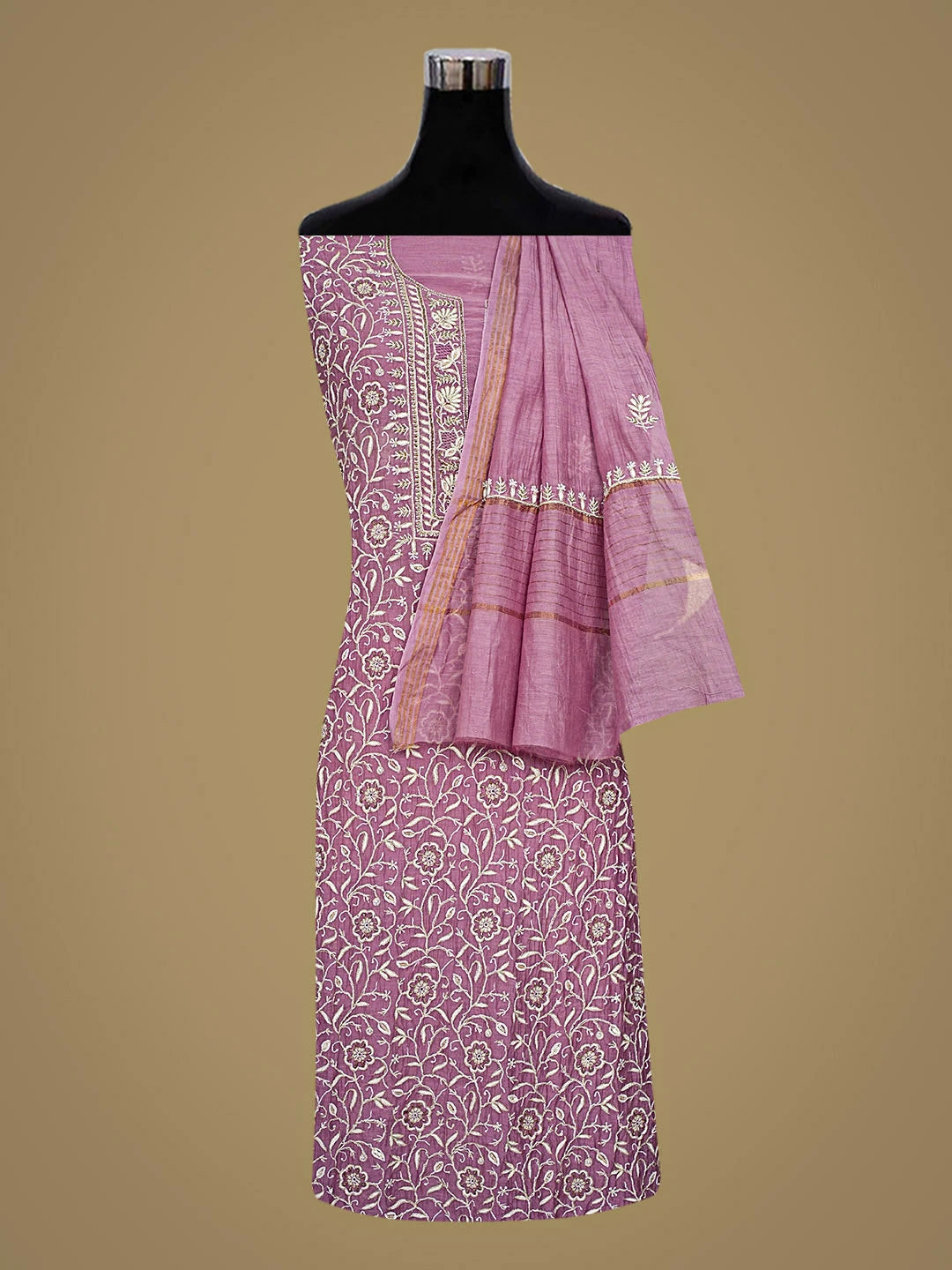 Ada Hand Embroidered Mauve Chanderi Lucknowi Chikankari Unstitched Kurta Dupatta Set With Cutdana Work 01A712224