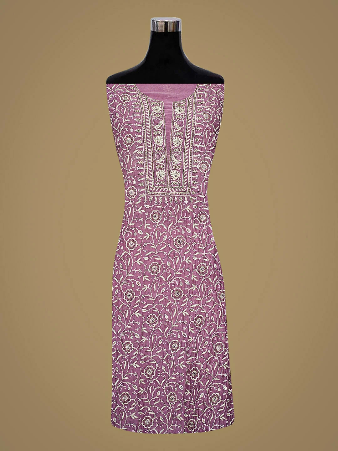 Ada Hand Embroidered Mauve Chanderi Lucknowi Chikankari Unstitched Kurta Dupatta Set With Cutdana Work 01A712224