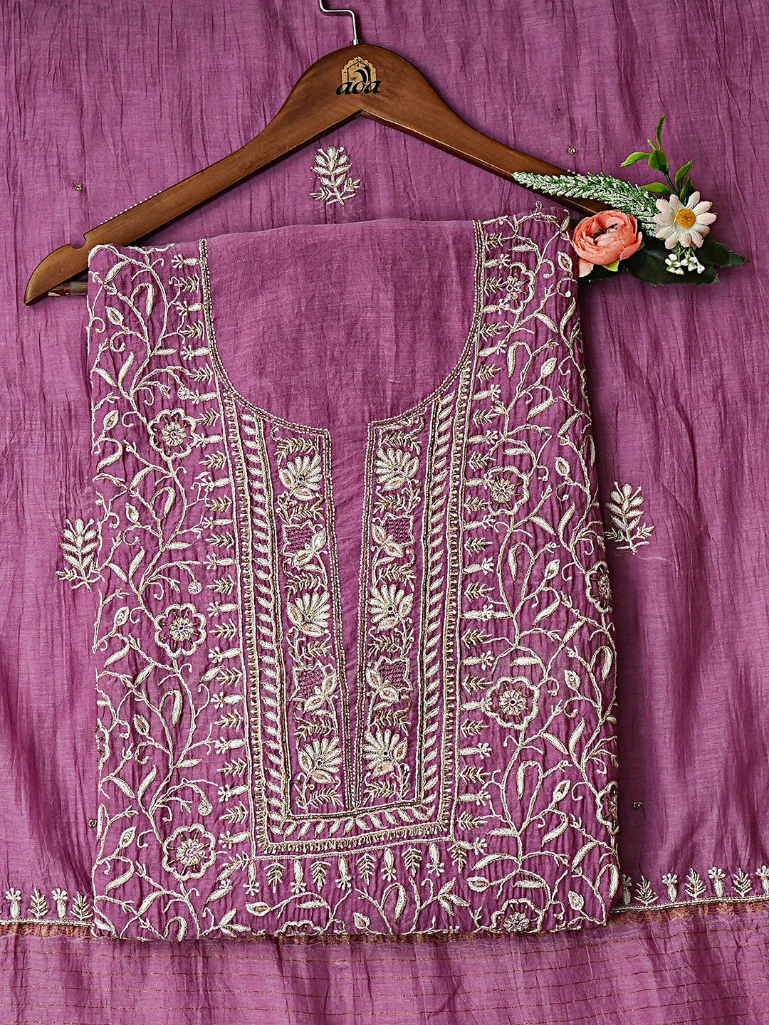 Ada Hand Embroidered Mauve Chanderi Lucknowi Chikankari Unstitched Kurta Dupatta Set With Cutdana Work 01A712224