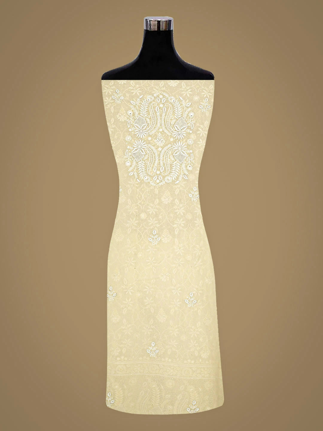 Ada Hand Embroidered Beige Pure Georgette Lucknowi Chikankari Unstitched Kurta Dupatta Set With Sequinned Work 01A726313